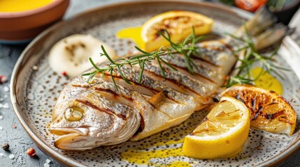 Seabass fillet grilled and served with lemon and sauce