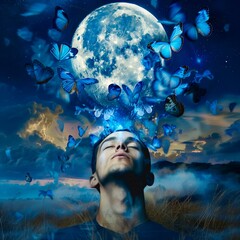 A person visualizes blue morpho butterflies flying in and out of their chest, symbolizing emotional states under a full moon, representing calm and inner peace.