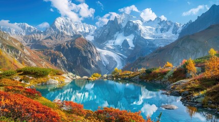 Obraz premium Scenic alpine view in autumn with turquoise lake and towering snowy peaks in background