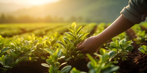 Farmers hands tending to young tea plant in lush agricultural landscape. Concept Agricultural Farming, Tea Plantation, Farmers Working, Green Landscapes, Caring for Plants