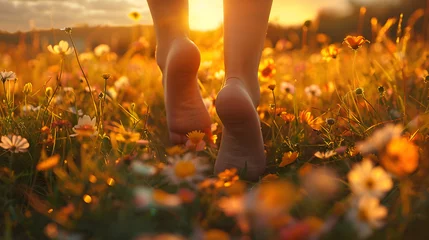 Womans feet amidst flower field at sunset. Generative by AI