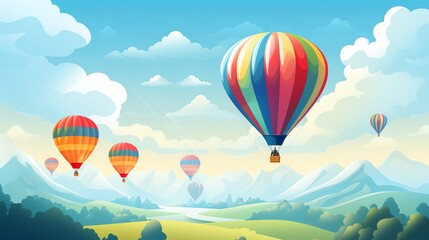 Naklejka premium Hot air balloons floating over a beautiful landscape with mountains and a river.