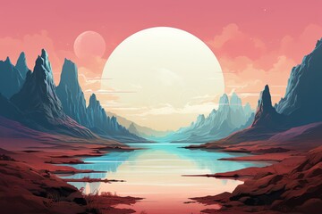 An epic landscape painting of a beautiful alien planet with a large moon and mountains in the background