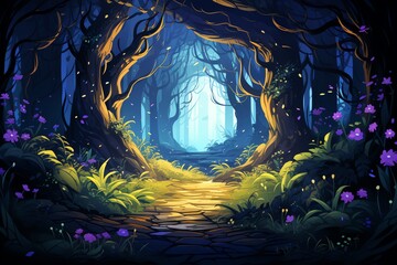 A magical forest with a stone path leading through it. The trees are tall and the leaves are a deep green. The flowers are purple and pink. There is a light blue mist in the air.