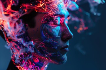 A cyborg painter uses their integrated neural interface to capture emotions and memories directly onto canvas