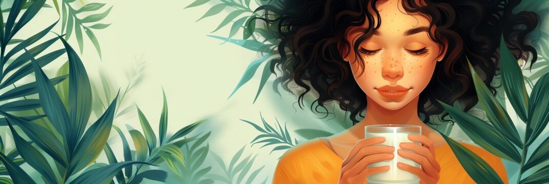 Young black african american woman drinks milk, holds glass in hand, closing eyes in pleasure, on pale beige background with green leaves. Banner with copy space. Milk concept. World Milk Day - Powered by Adobe