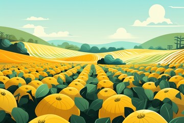 Fototapeta premium A bountiful harvest of pumpkins, ready to be picked. The perfect setting for a fall festival or Thanksgiving celebration.