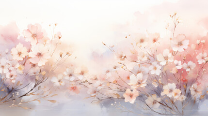 Delicate watercolor cherry blossoms on a soft pastel background, creating a serene and elegant floral illustration.