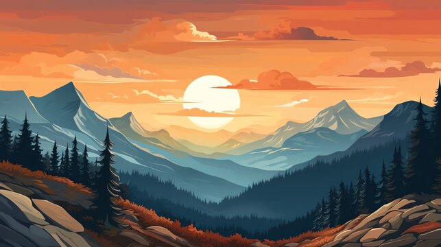 Generate a beautiful landscape image of a mountain range at sunset