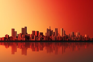 Obraz premium A stunning sunset over a modern city. The warm colors of the sky and the reflection of the buildings in the water create a beautiful and peaceful scene.