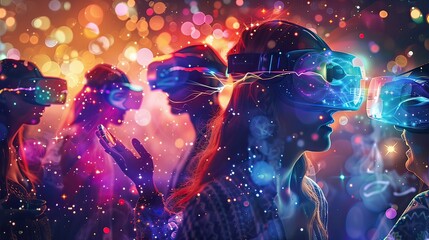 A group of friends, including someone with a prosthetic limb, enjoying a holographic concert, Futuristic, Digital art, Vibrant colors