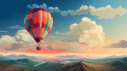Obraz premium A hot air balloon floats over a mountain landscape. The balloon is brightly colored and the sky is clear. The mountains are in the distance and are covered in snow.