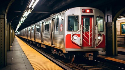 Fototapeta premium Dynamic subway train in motion urban transportation concept in a bustling city environment