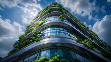 A tall building with a green roof and a lot of windows