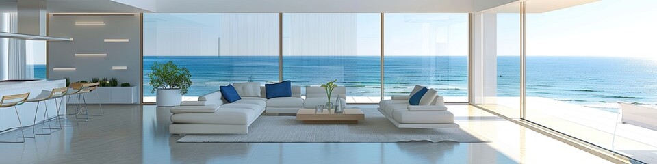 modern minimalist living room with a focus on the sea