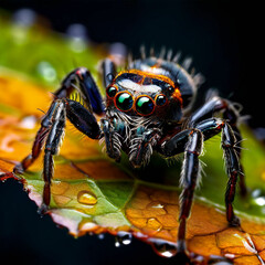 Mini Spinne auf einem kleinen Blatt im Regen - Spinne mit Orangen Akzenten,  Süße kleine Spinne  
