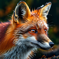 Hochdetaillierter Fuchs aus der Nähe im Regen - Fuchs in wunderschönen Farben im Wald, Fuchs sucht etwas 