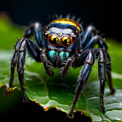 Mini Spinne auf einem Blatt in wunderschönen Farben, Spinne auf der Suche nach kleinen Insekten - Schöne Spinne mit leuchtenden Farben
