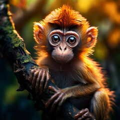 Süßes Affenbaby mit der leuchtenden Sonne im Hintergrund - Affenbaby klammert sich fest