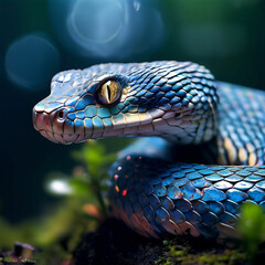Wunderschöne Schlange leuchtet im Licht sie liegt auf bewachsen Holz - Schlange beobachtet etwas