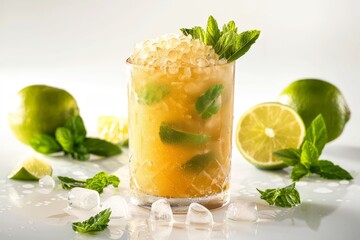 Refreshing mojito with lime and mint garnish in a clear glass, capturing a vibrant and cool cocktail perfect for summer and tropical settings