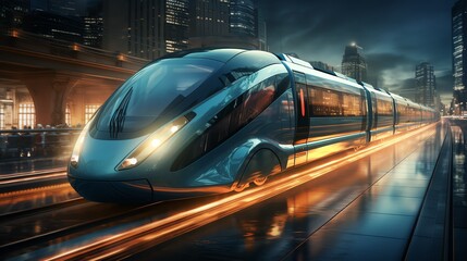 Fototapeta premium Futuristic high-speed train traveling through a city at night.