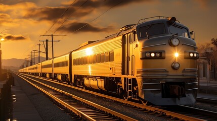 Fototapeta premium A yellow passenger train speeds through the countryside at sunset.