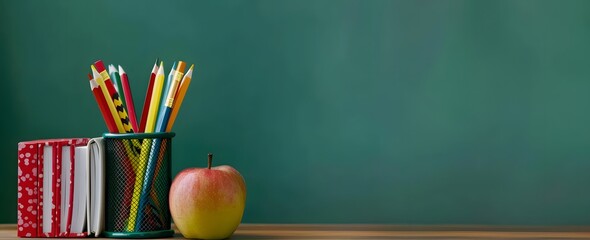 Desk with Books, Colored Pencils, and Apple Against Green Chalkboard