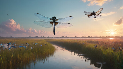 Amidst the Swarm of Giants, enormous dragonflies dart through the air, their iridescent wings catching the light as they hunt for prey in the oversized marshlands, Generative AI