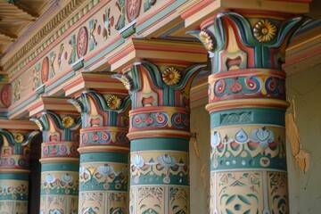 Vibrant ornate columns with intricate patterns in a historical building