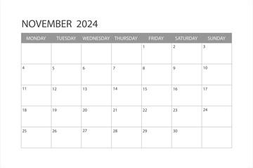 Calendar for November 2024. The week starts on Monday. Glider