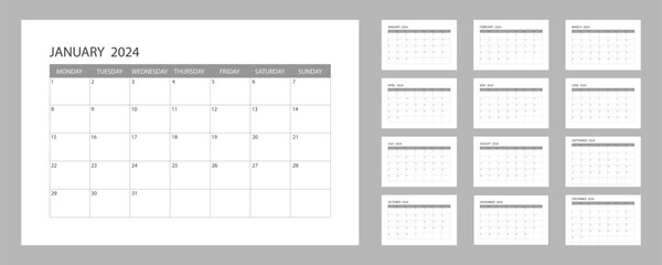 Calendar for 2024. The week starts on Monday. Desk planner. Corporate or business calendar. English calendar