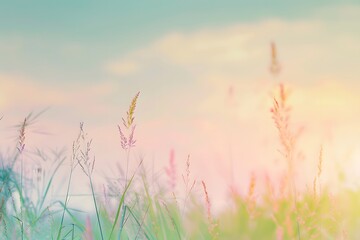 Naklejka premium Blurred Meadow Sunset with Pastel Sky