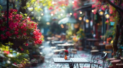 An inviting outdoor cafe patio adorned with blooming flowers and string lights. Empty tables and chairs await patrons on a sunny day, creating a serene and charming atmosphere.
