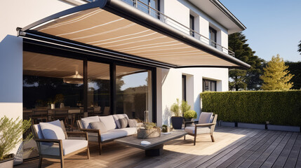 Modern outdoor patio with comfortable seating and a retractable awning.