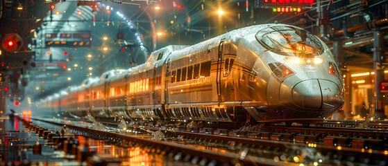Obraz premium Futuristic High-Speed Train: Sleek and Modern Design in a Vibrant, Neon-Lit Station Showcasing Advanced Transportation Technology and Urban Innovation Wallpaper Digital Art Poster Brainstorming 