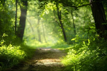 Beautiful Forest Path in Summer with Sunlit Green Trees and Misty Trail