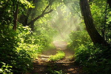 Fototapeta premium Enchanting Forest Path in Summer with Sunlight and Mist