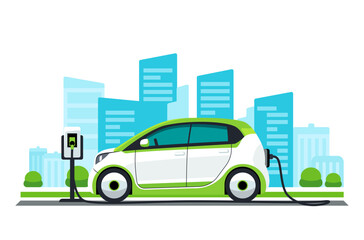 A white and green electric car is charging at a charging station in a city. EV vehicle.