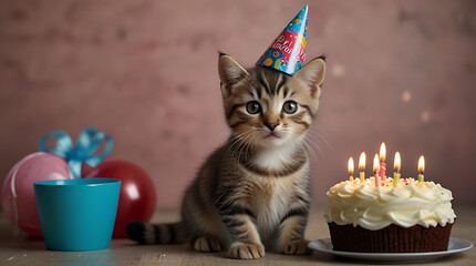 A portrait of a cute cat kitten wearing a birthday hat celebrating his birthday with home party and cake with copy space background
