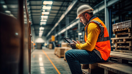Construction worker in a warehouse using a digital tablet.