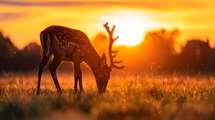 A deer is grazing in a field of tall grass