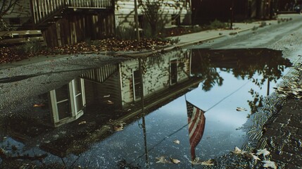 A photorealistic image of a weathered American flag hanging on a flagpole outside a historic courthouse, reflected in a puddle on the ground. The reflection creates a distorted and dreamlike image,