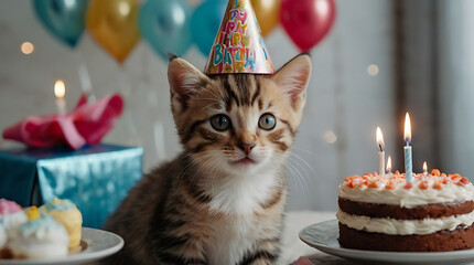 A portrait of a cute cat kitten wearing a birthday hat celebrating his birthday with home party and cake with copy space background
