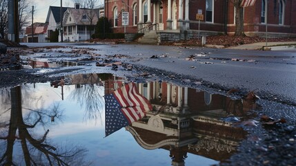 A photorealistic image of a weathered American flag hanging on a flagpole outside a historic courthouse, reflected in a puddle on the ground. The reflection creates a distorted and dreamlike image,