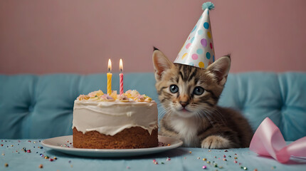 A portrait of a cute cat kitten wearing a birthday hat celebrating his birthday with home party and cake with copy space background
