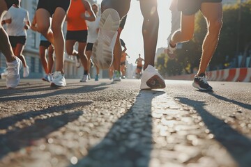 Close-Up of Runners' Legs and Shoes in a Marathon Race
