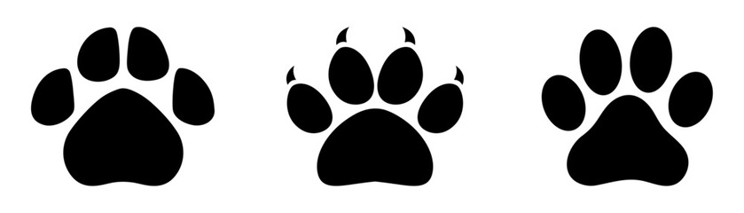 Animal footprint set of three different style foot marks in black color. Black and white sketch of animal footprint vector collection. Paw print of dog, cat, puppy pet footprint, Animal foot print set © Kingwardobe