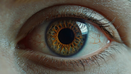 A close-up image of a human eye with high-tech built in cornea, human enhancement, cyborg concept
