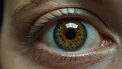 A close-up image of a human eye with high-tech built in cornea, human enhancement, cyborg concept
